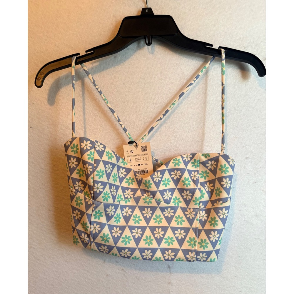 Zara Women Blue Floral Geometric Bustier Crop Top Size L NWT